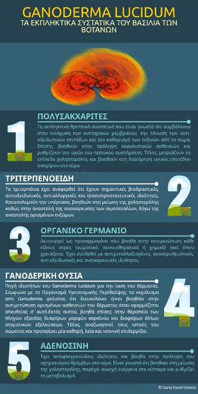 Infographic με θέμα: Τα εκπληκτικά συστατικά του βασιλιά των βοτάνων, του Ganoderma lucidum (Γανόδερμα)